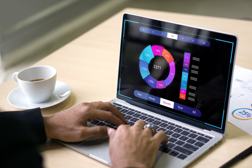 Analyst working with business analytics and data management system on computer, make a report with KPI and metrics connected to database. Corporate strategy for finance, operations, sales, marketing.